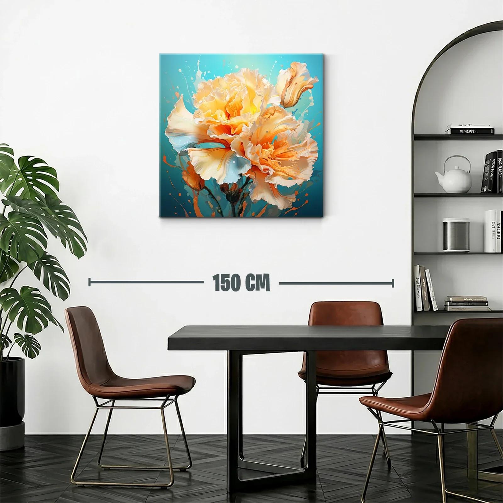 Cuadro floral vibrante en tonos cálidos y fondo azul — miniatura 2