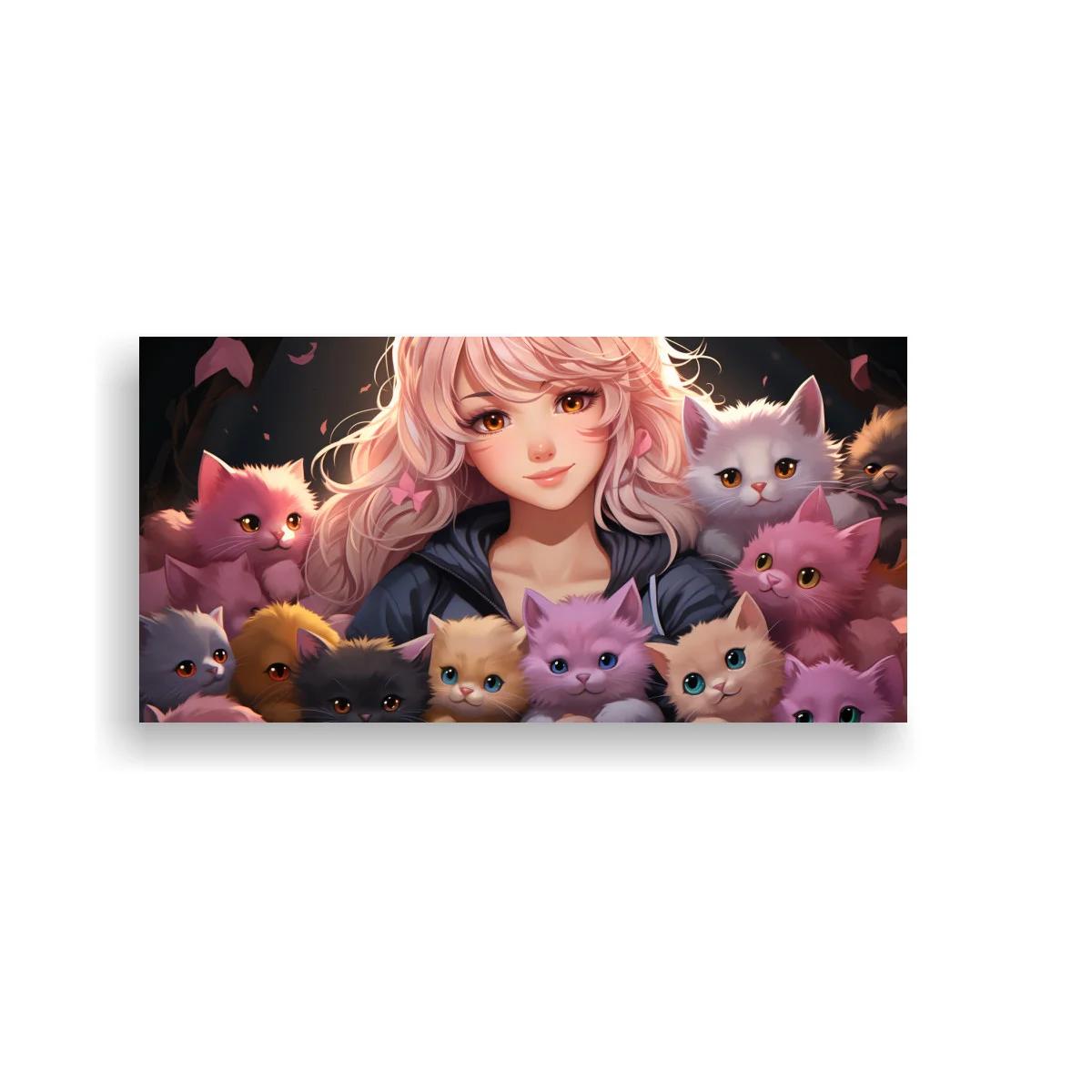 Cuadro chica anime de cabello rosado con gatitos