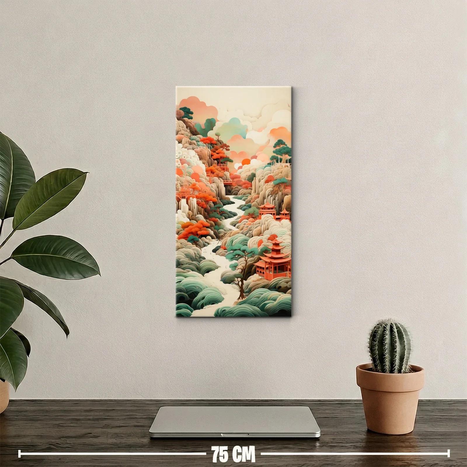 Cuadro paisaje oriental con pagoda roja y cascadas — miniatura 2