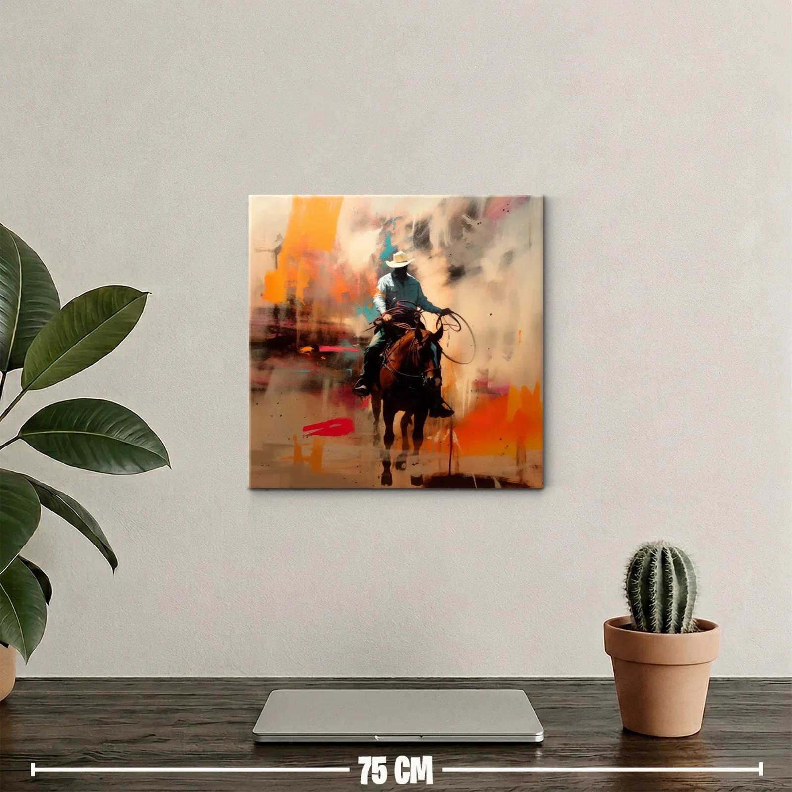 Cuadro de vaquero montando caballo con tonos cálidos y vibrantes — miniatura 2