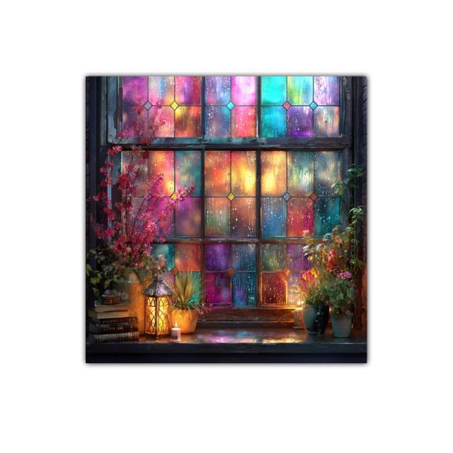 Ventana de colores con lluvia y atmósfera cálida