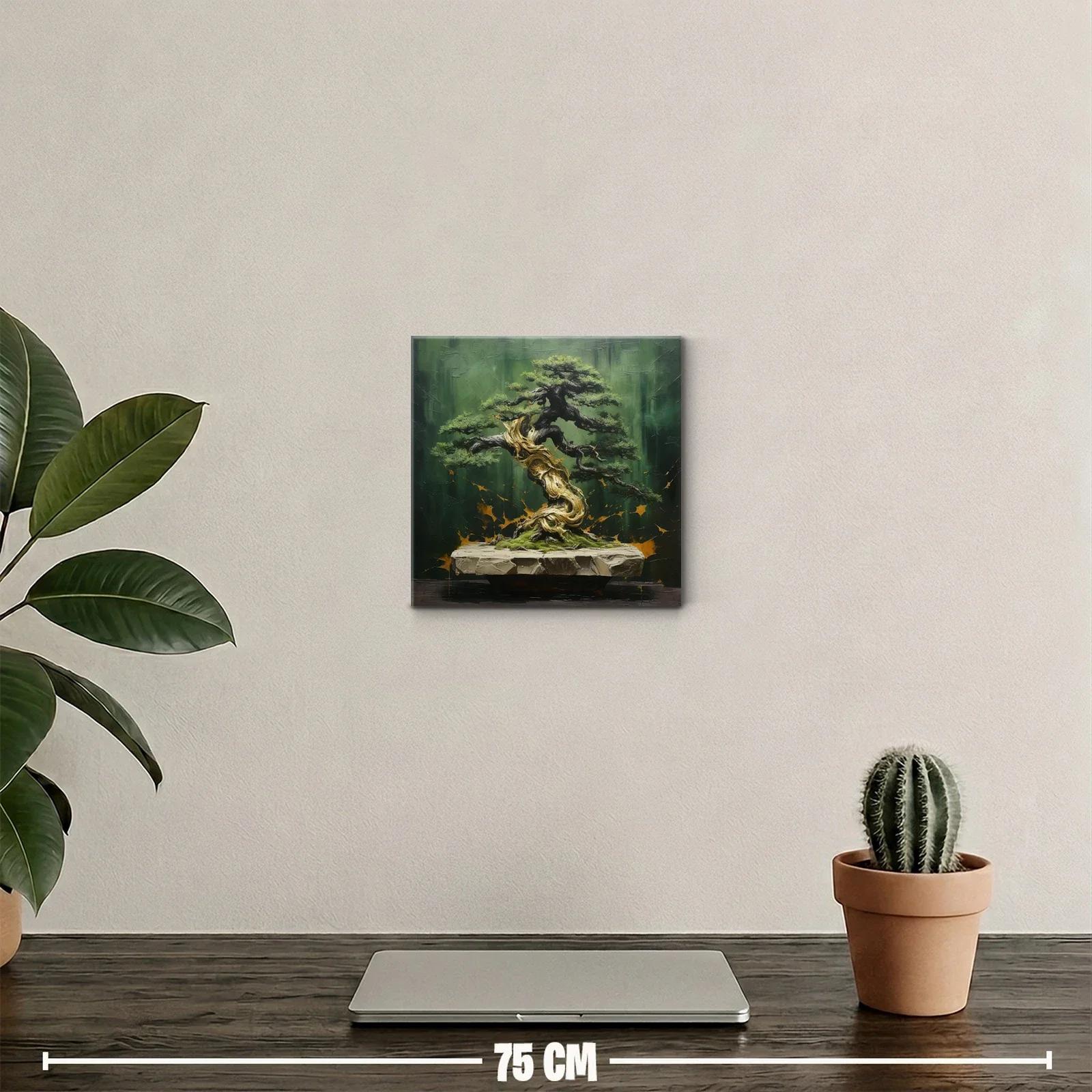 Cuadro árbol bonsái con tonos verdes y dorados — miniatura 2