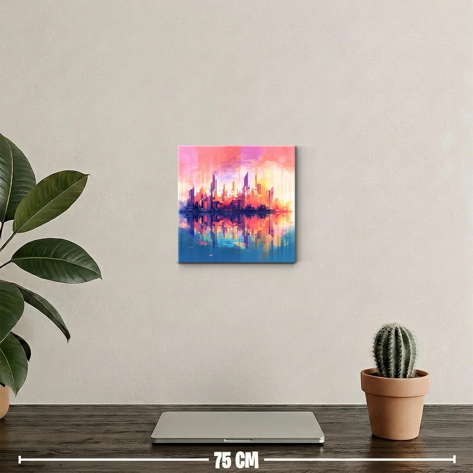 Ciudad moderna con reflejos vibrantes en tonos cálidos y fríos — miniatura 2