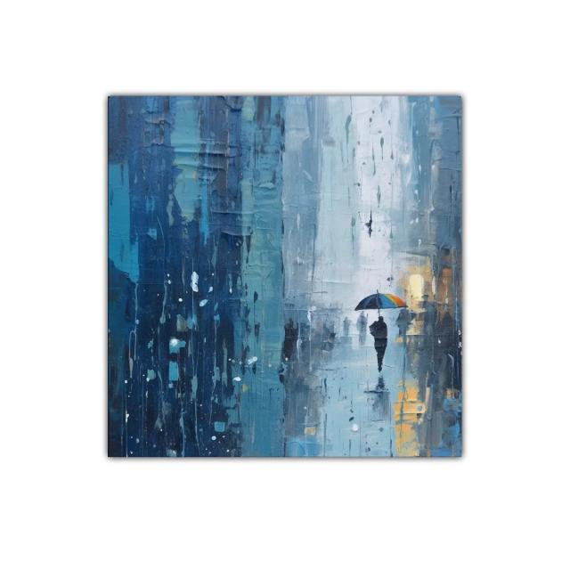 Cuadro artístico urbano con paraguas multicolor en lluvia