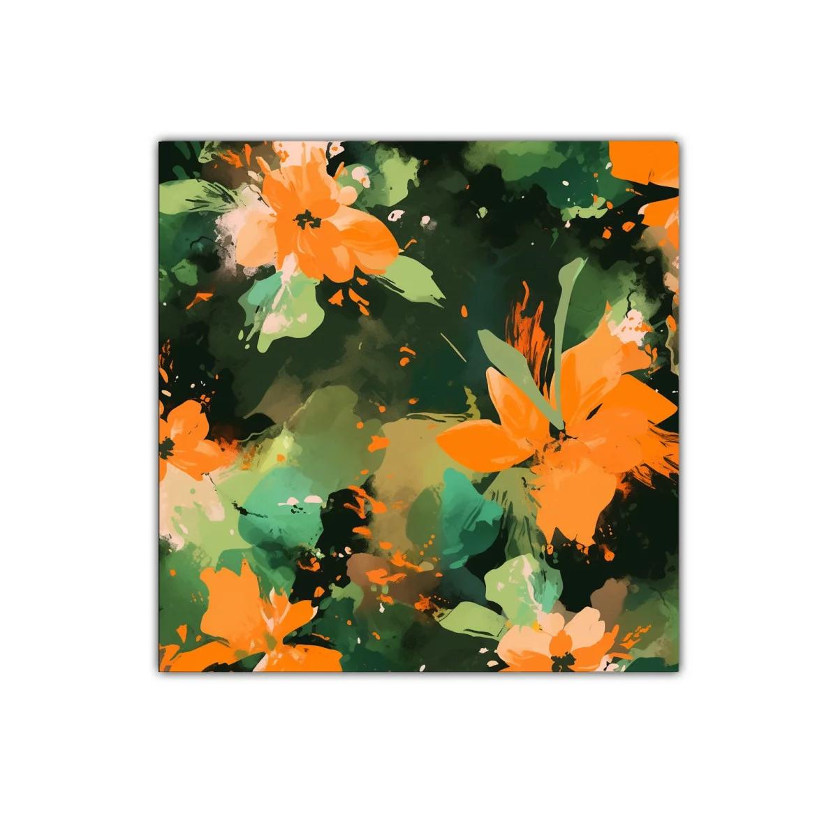 Cuadro abstracto con flores naranja y fondo verde oscuro