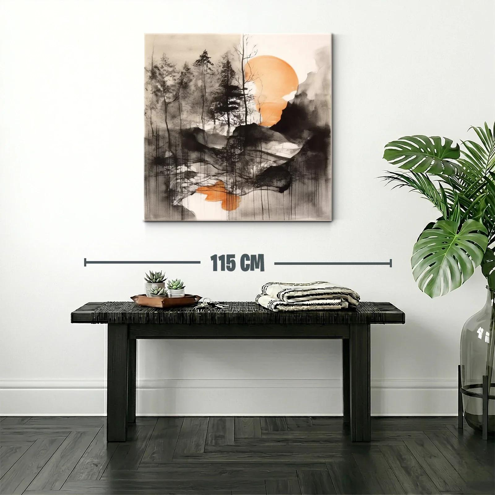 Paisaje abstracto con árboles y sol anaranjado al fondo — miniatura 2
