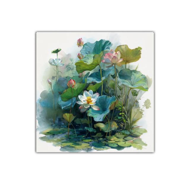 Cuadro decorativo con delicadas flores de loto y hojas verdes