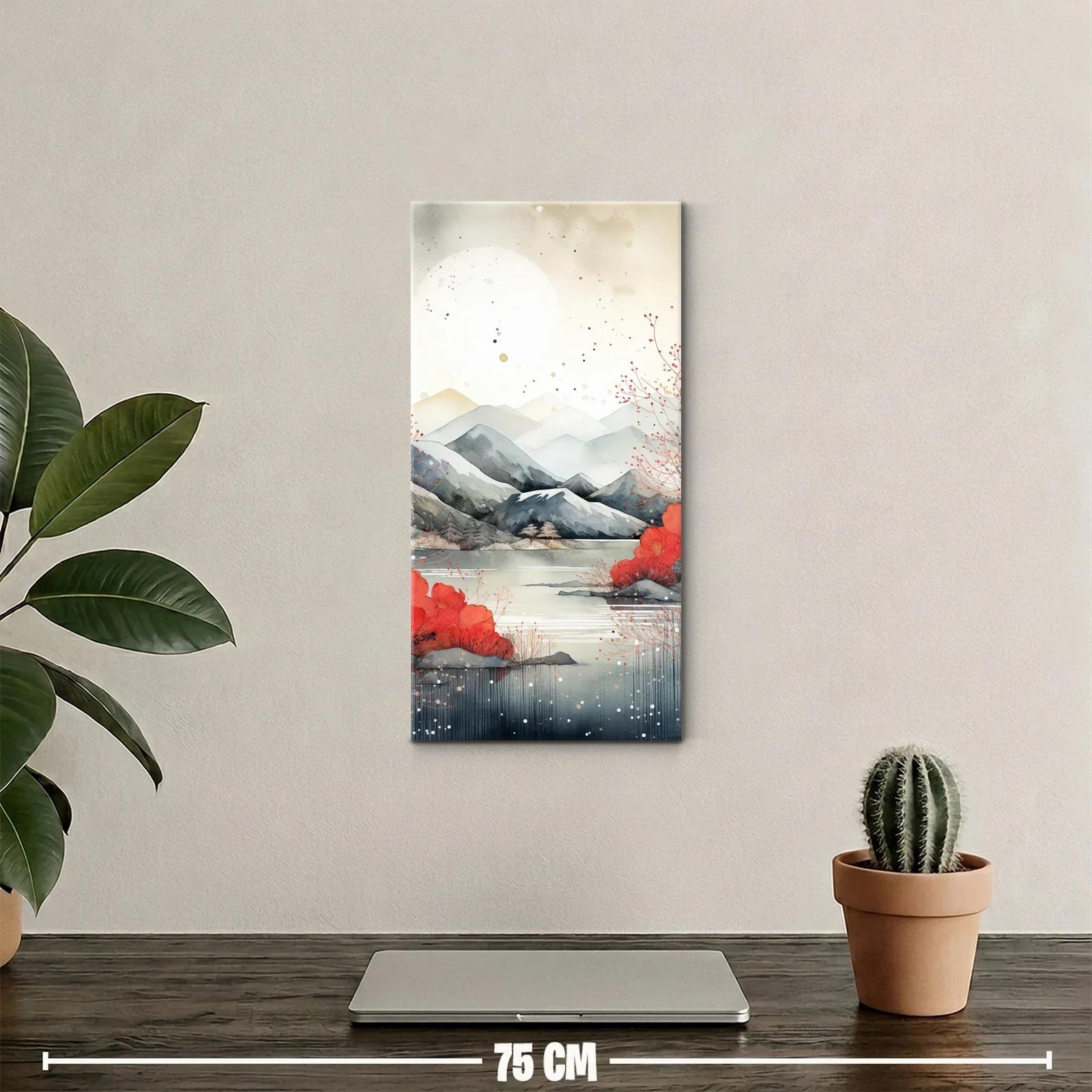 Cuadro paisaje de montañas junto a un lago con bruma y arbustos rojos — miniatura 2