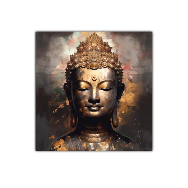 Retrato sereno de Buda con tonos dorados y ocres