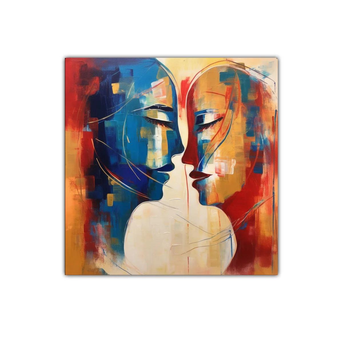 Cuadro abstracto de rostros en fusión cálida y fría — imagen principal