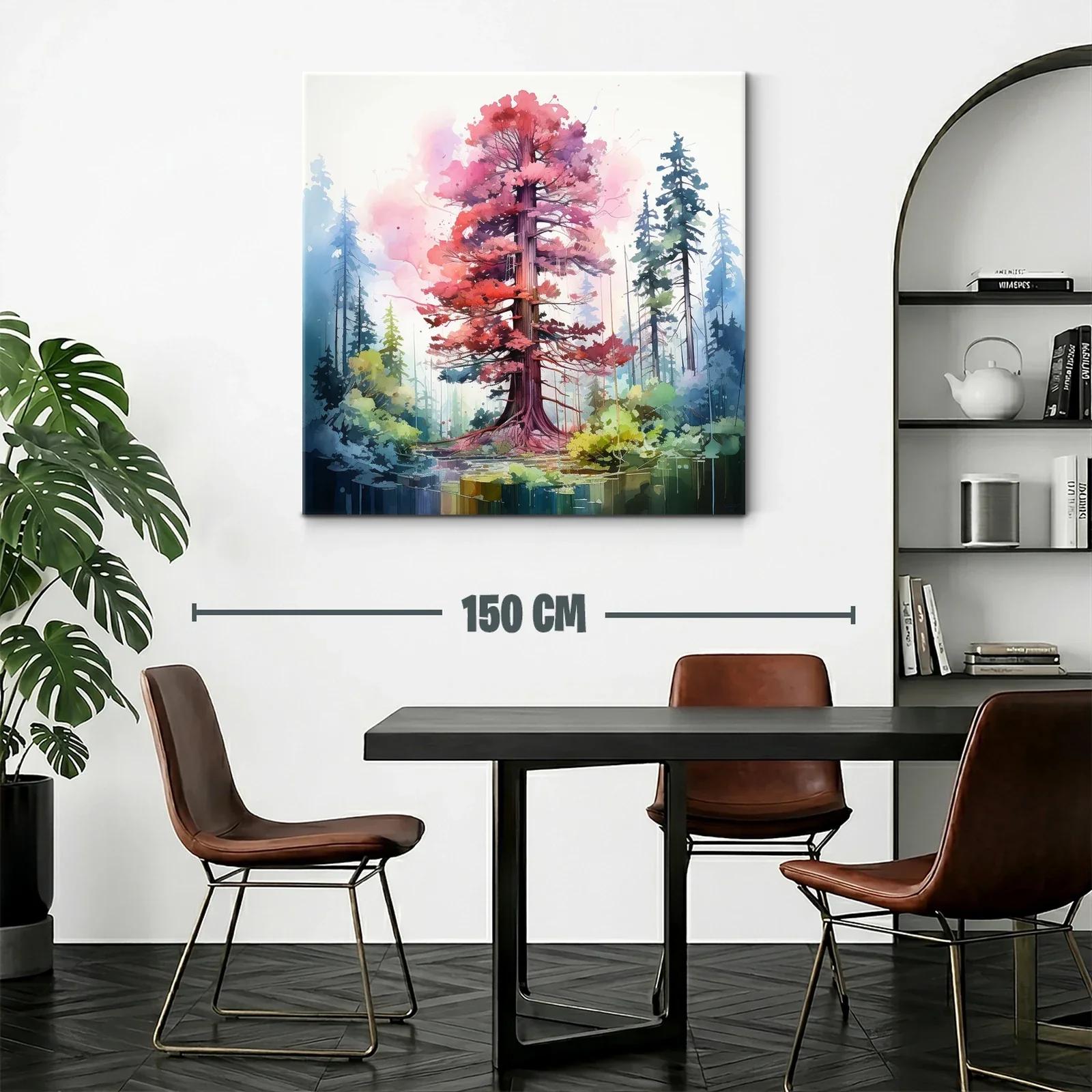 Árbol rojo vibrante en bosque estilizado y sereno — miniatura 2