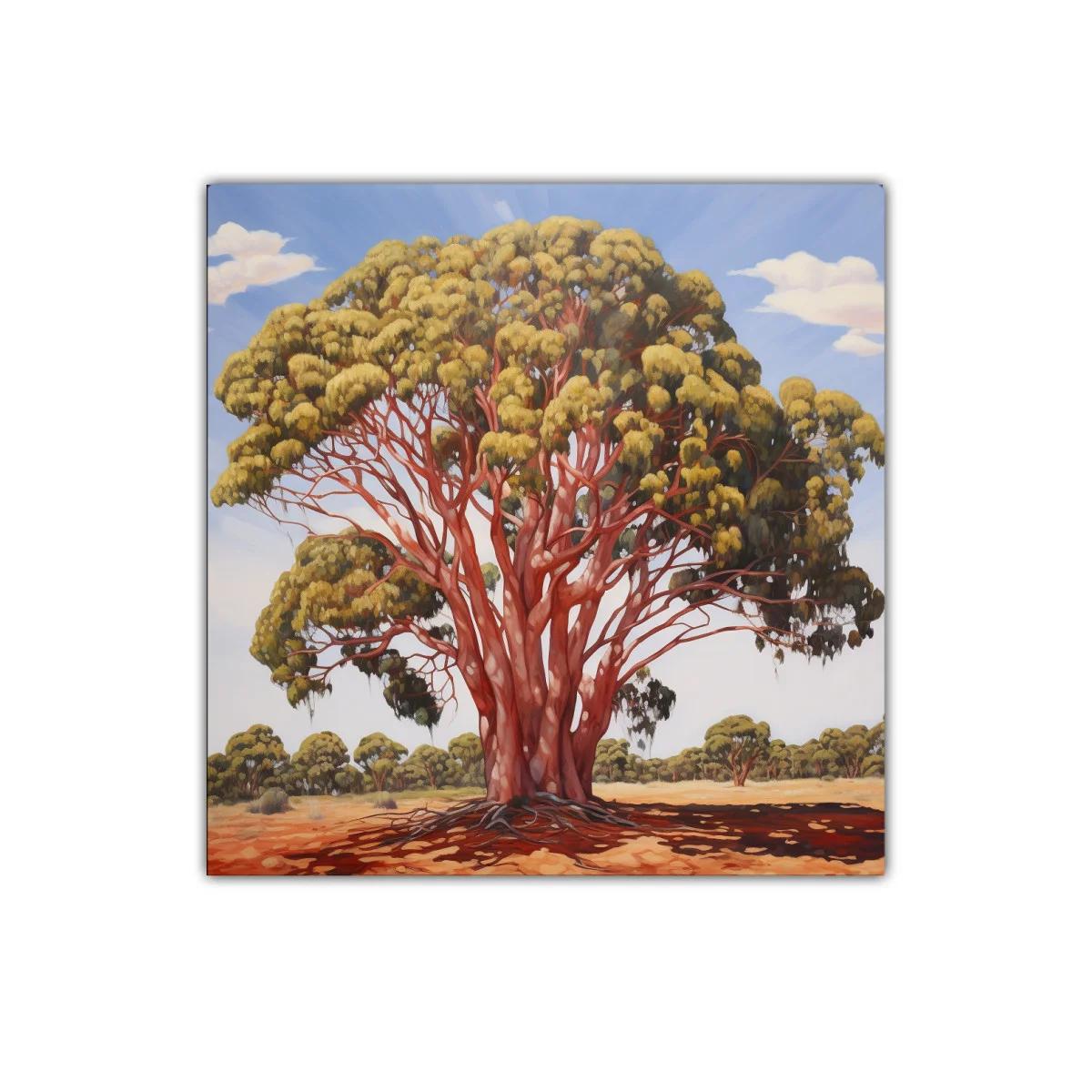 Impresionante árbol con tronco rojo sobre paisaje soleado