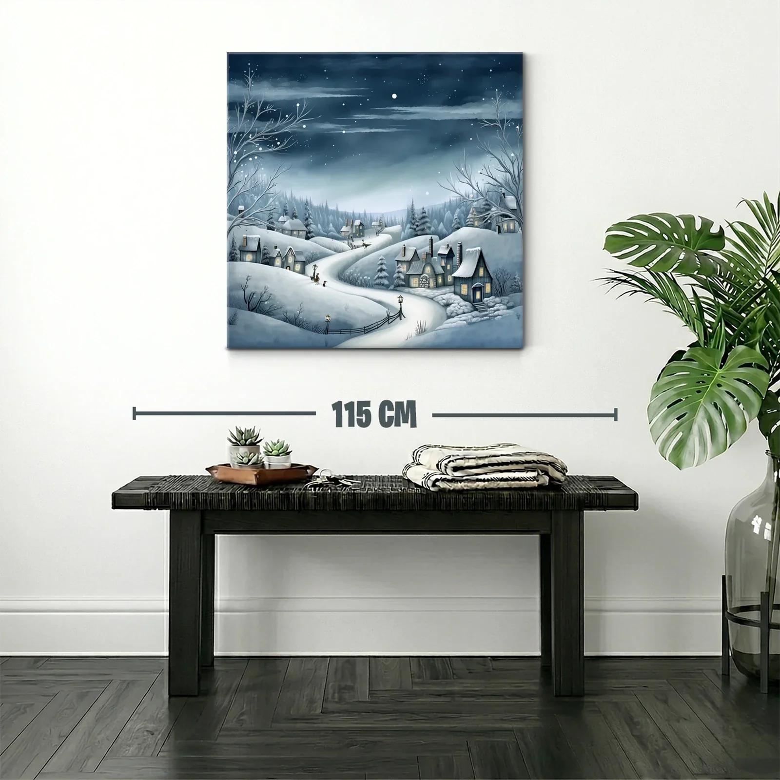 Paisaje invernal con casas y cielo estrellado nocturno — miniatura 2