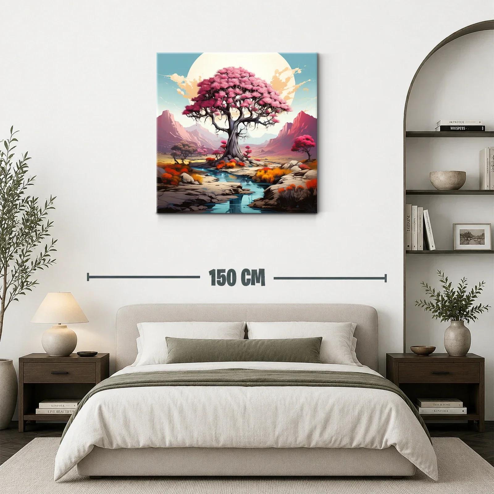 Árbol rosa en paisaje sereno con montañas al fondo — miniatura 3