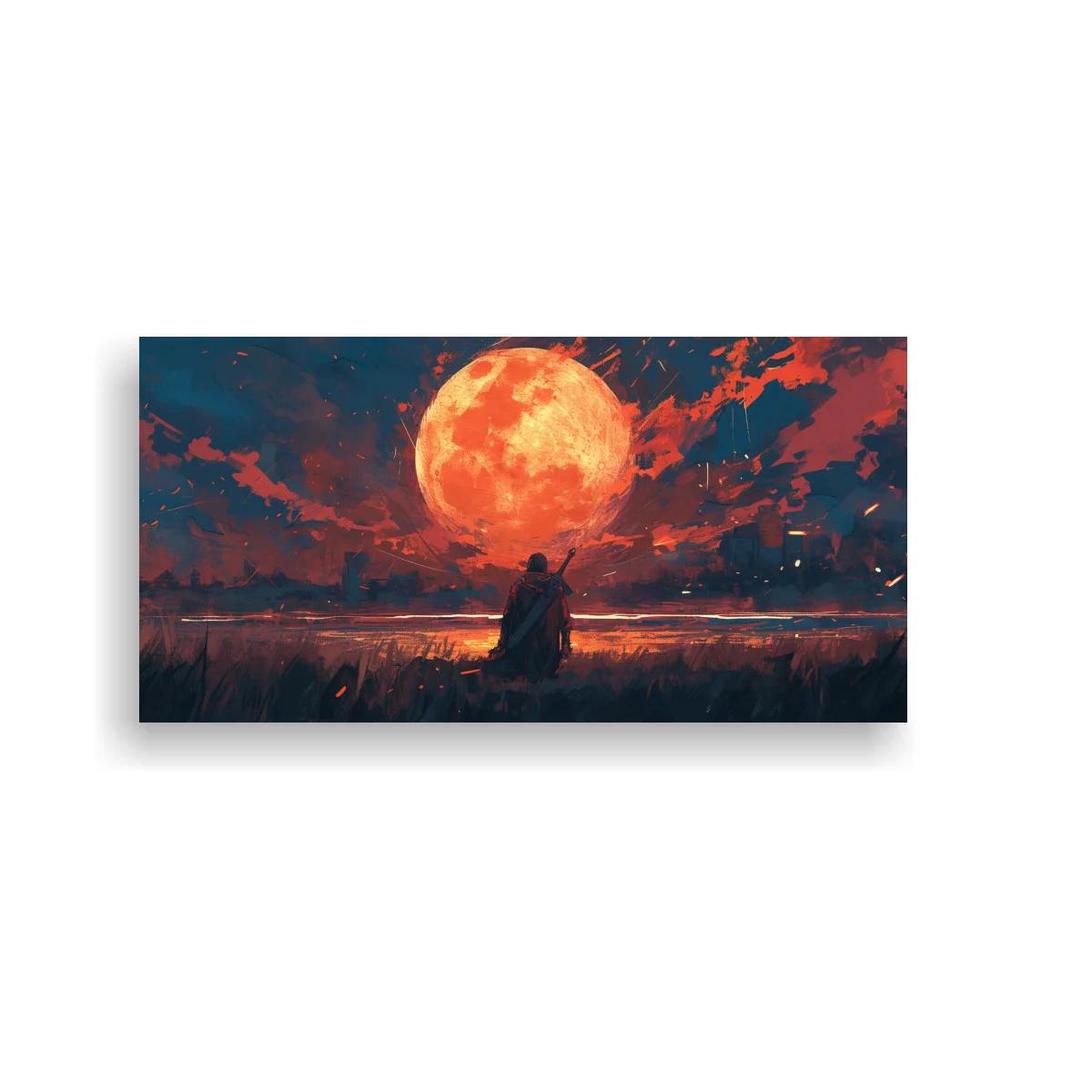 Cuadro luna llena naranja con silueta contemplativa