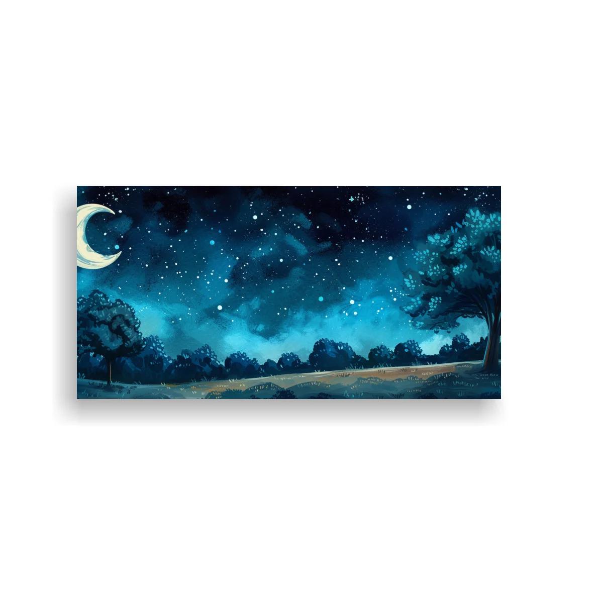 Cuadro paisaje nocturno con luna creciente y estrellas