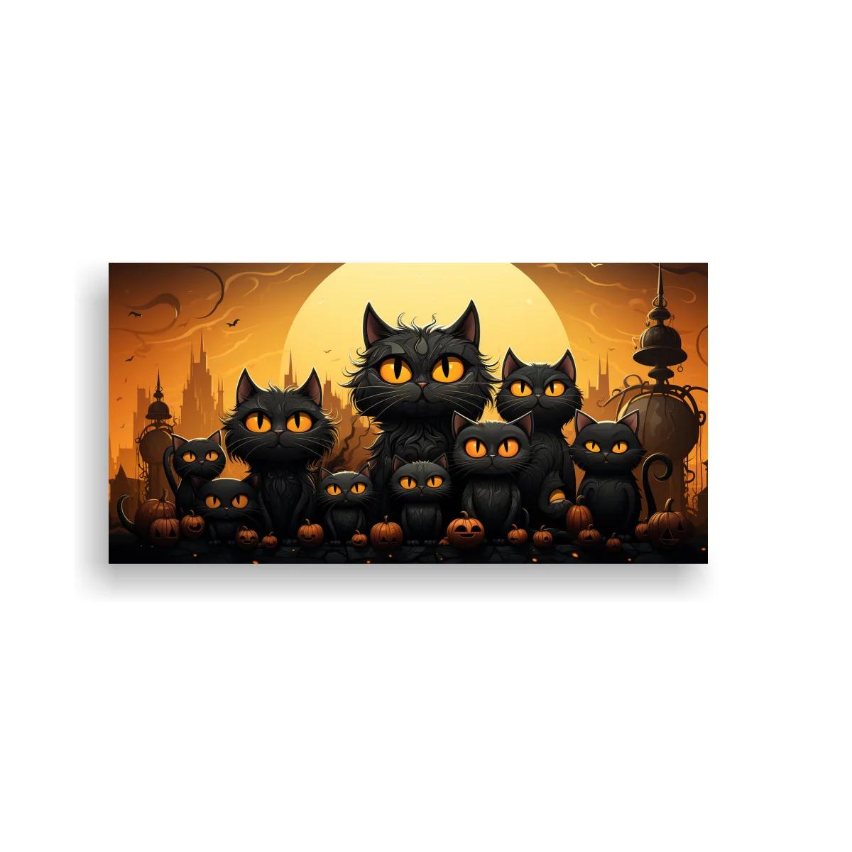 Cuadro grupo de gatos negros con calabazas de Halloween