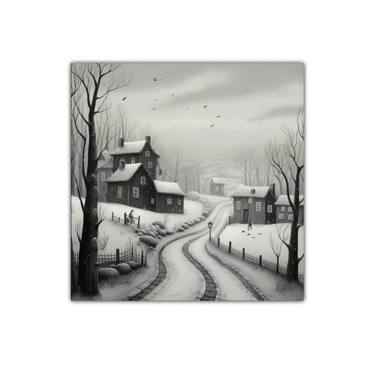 Paisaje invernal con casas y camino nevado en tonos grisáceos