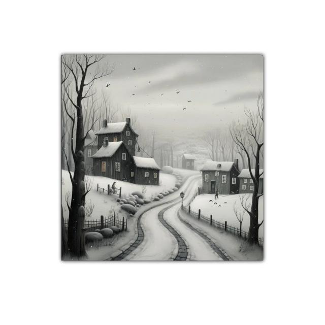 Paisaje invernal con casas y camino nevado en tonos grisáceos