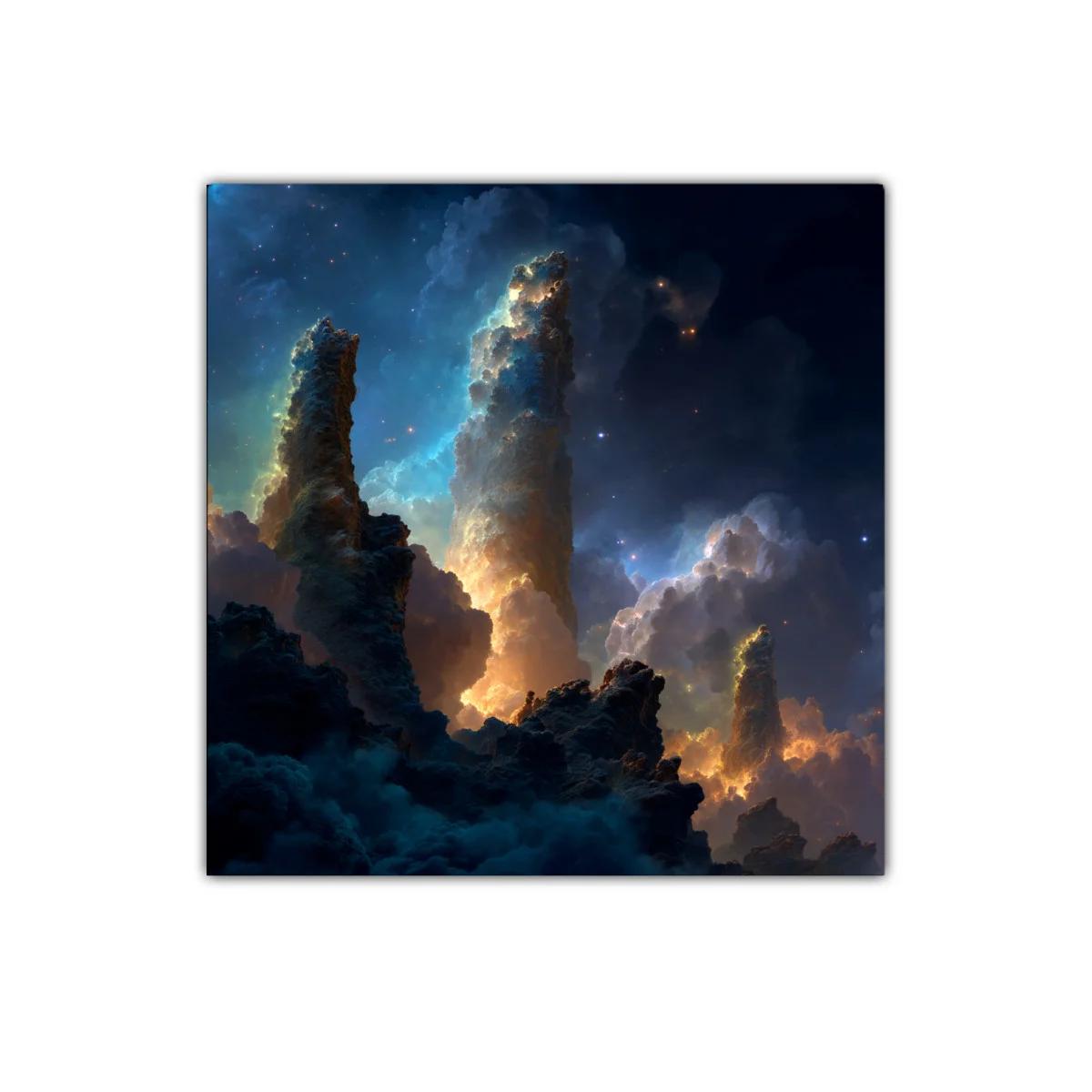 Paisaje cósmico con pilares de luz y nebulosas