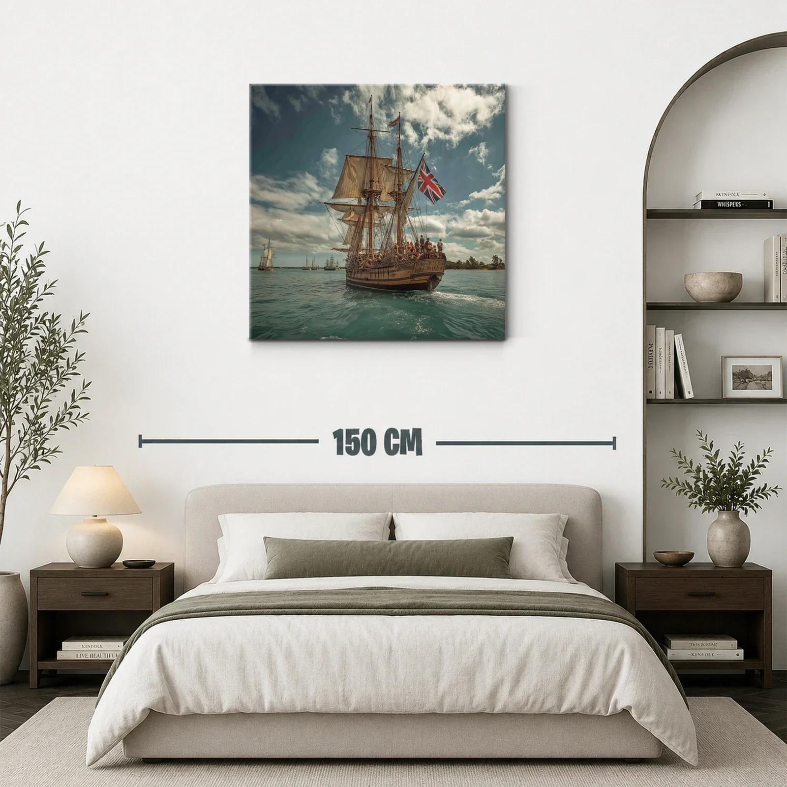 Barco antiguo con velas y bandera británica en el mar — miniatura 3