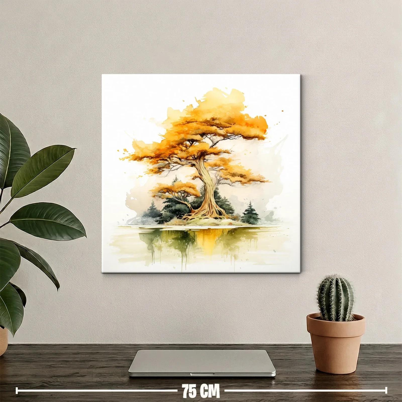 Árbol otoñal con reflejo sereno en tonos cálidos y verdes — miniatura 2