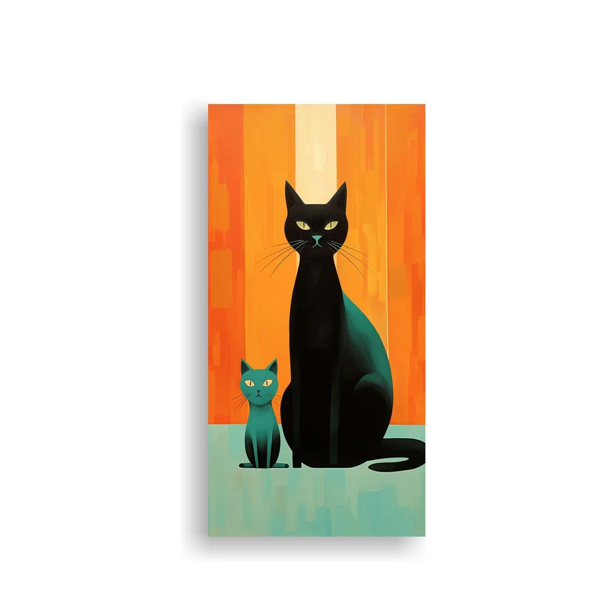 Cuadro gato negro con gatito turquesa y fondo naranja — imagen principal