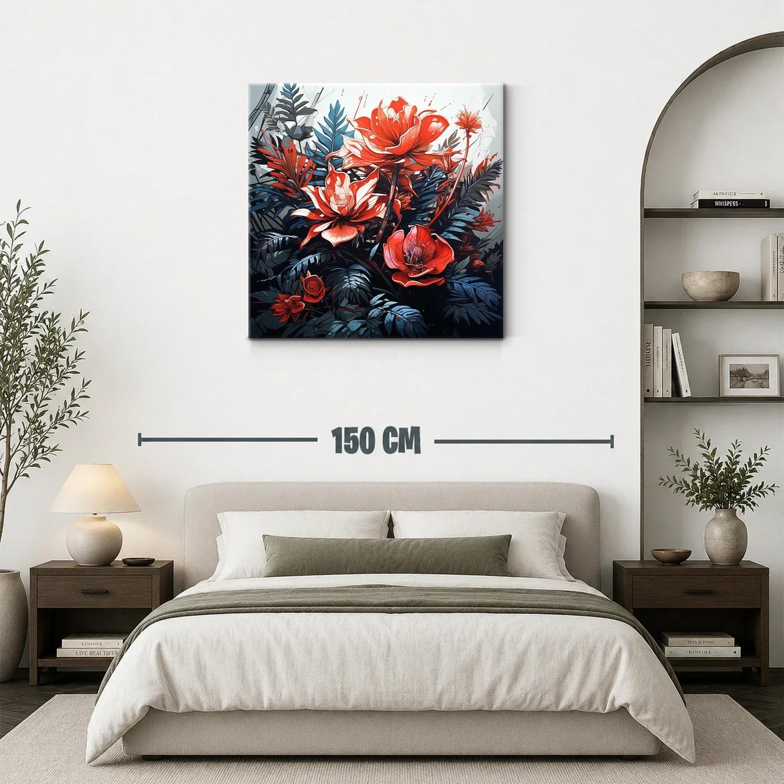 Cuadro vibrante con flores rojas y hojas azuladas — miniatura 3