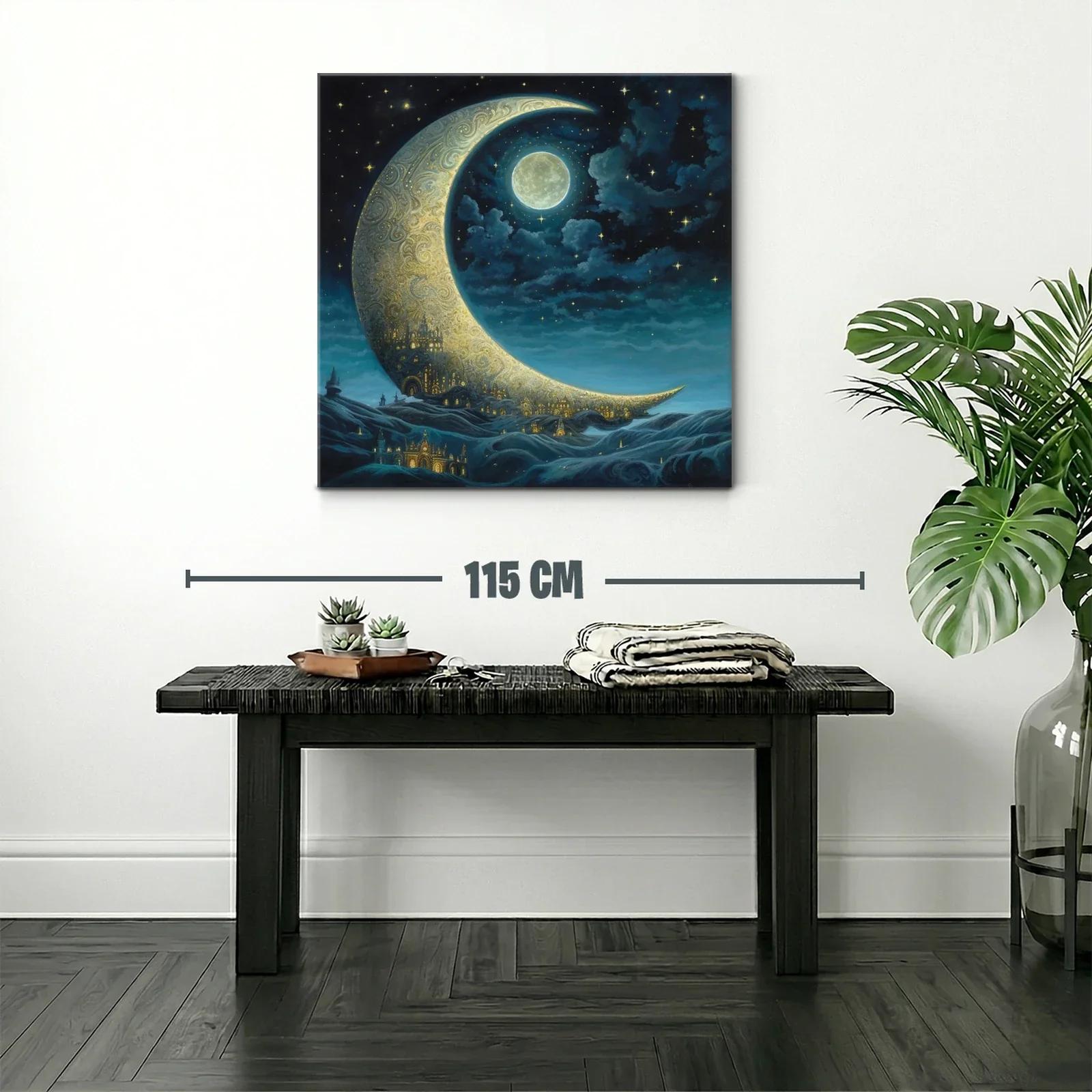 Paisaje nocturno con luna creciente y ciudad dorada — miniatura 2