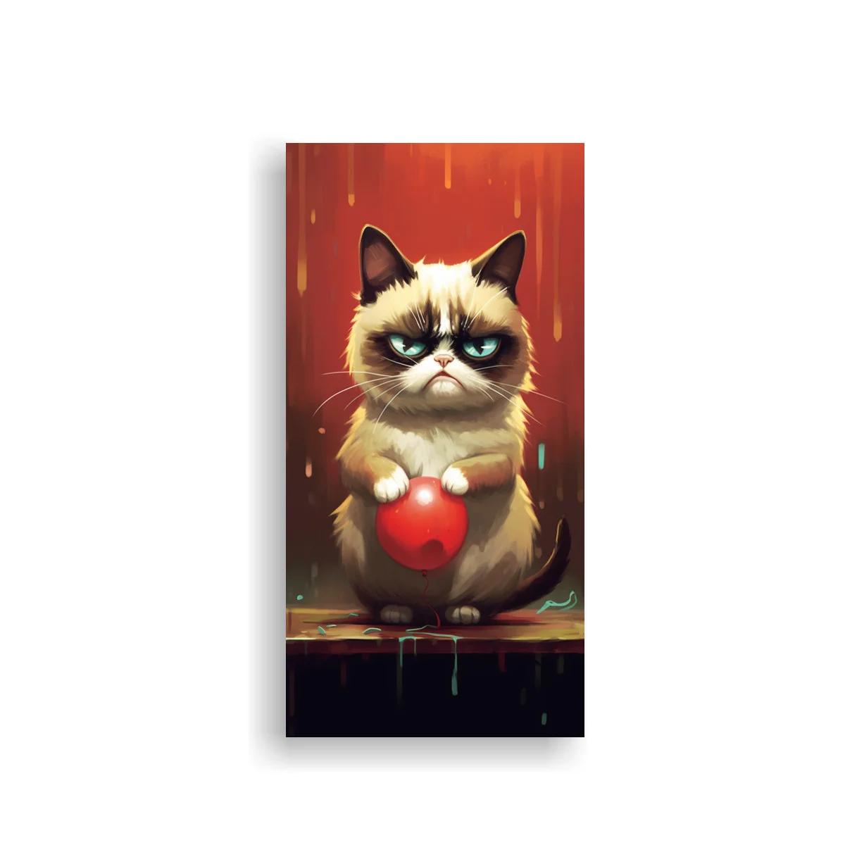 Cuadro gato gruñón con globo rojo