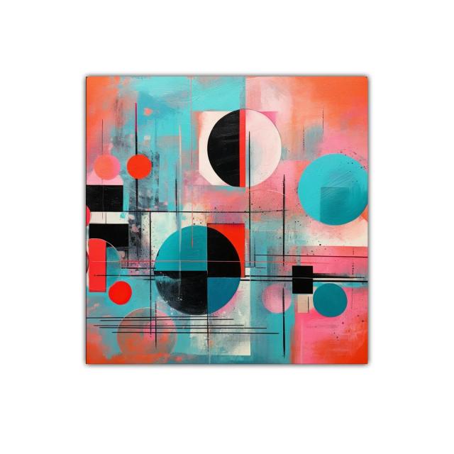 Cuadro geométrico con círculos y líneas en tonos vibrantes