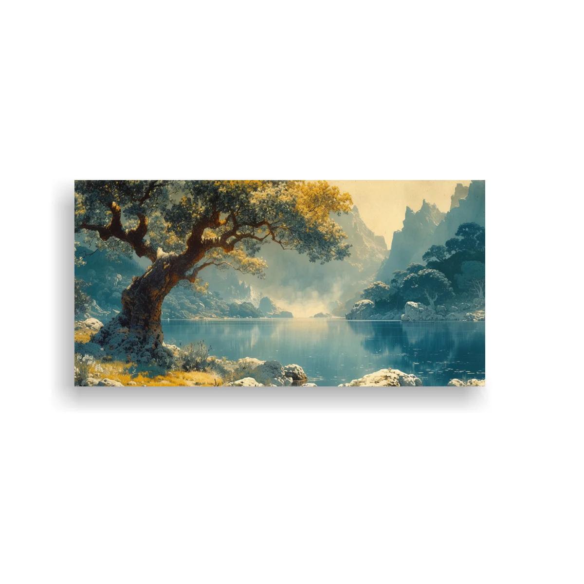 Cuadro árbol junto a un lago con montañas escarpadas