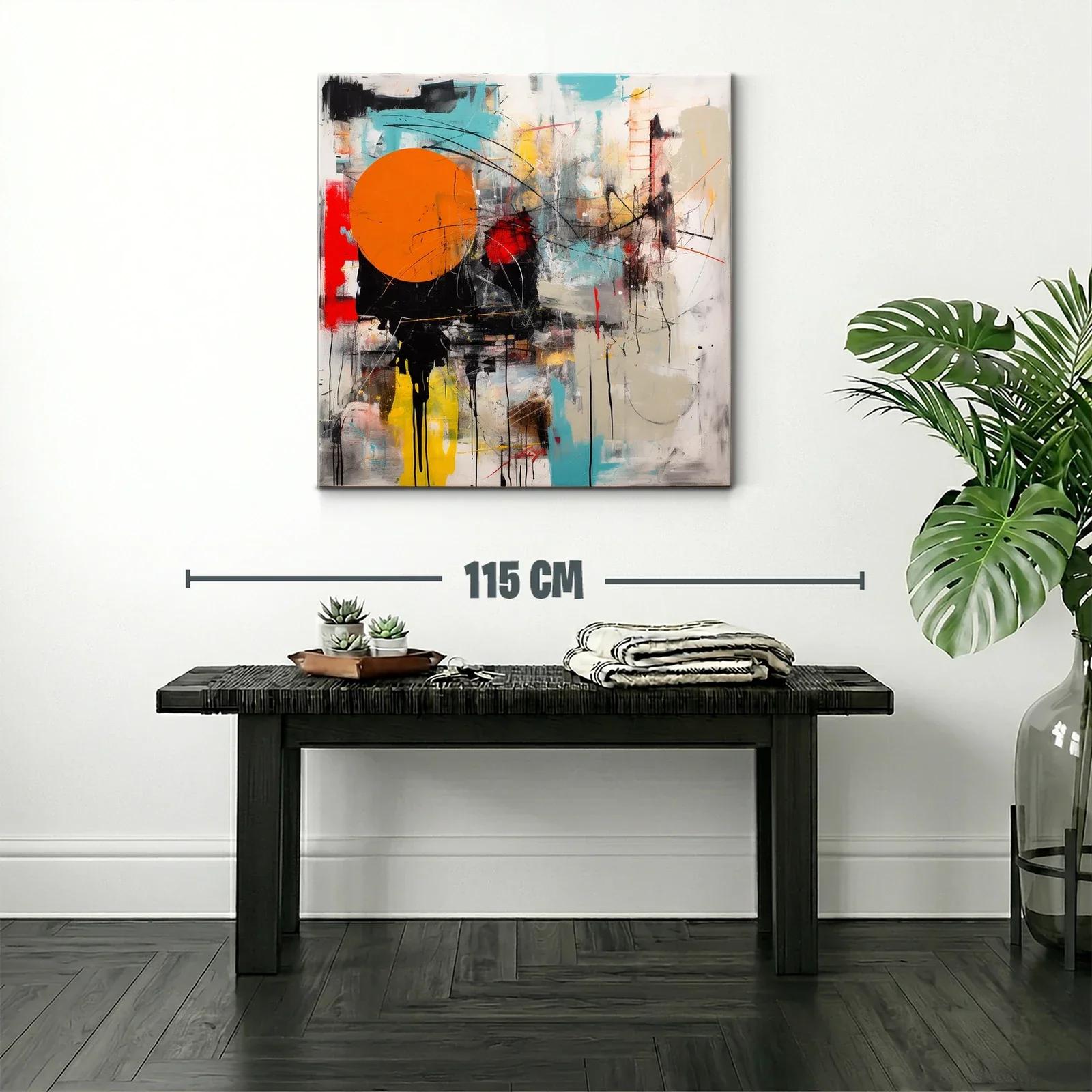 Cuadro abstracto con círculo naranja y trazos dinámicos — miniatura 2