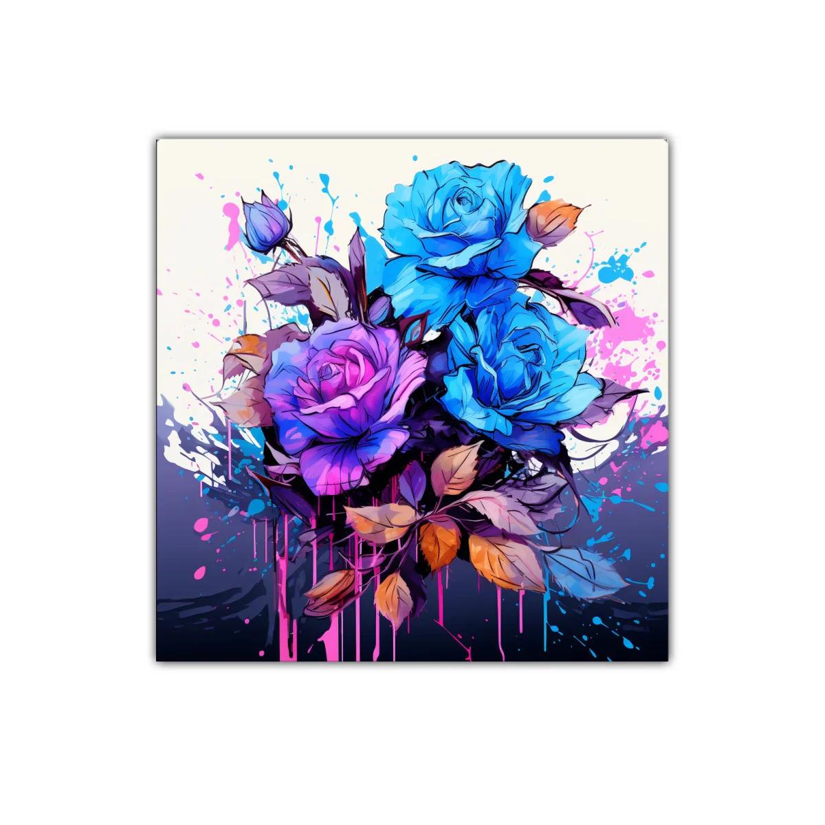 Ramo vibrante de rosas azules y violetas con hojas otoñales — imagen principal