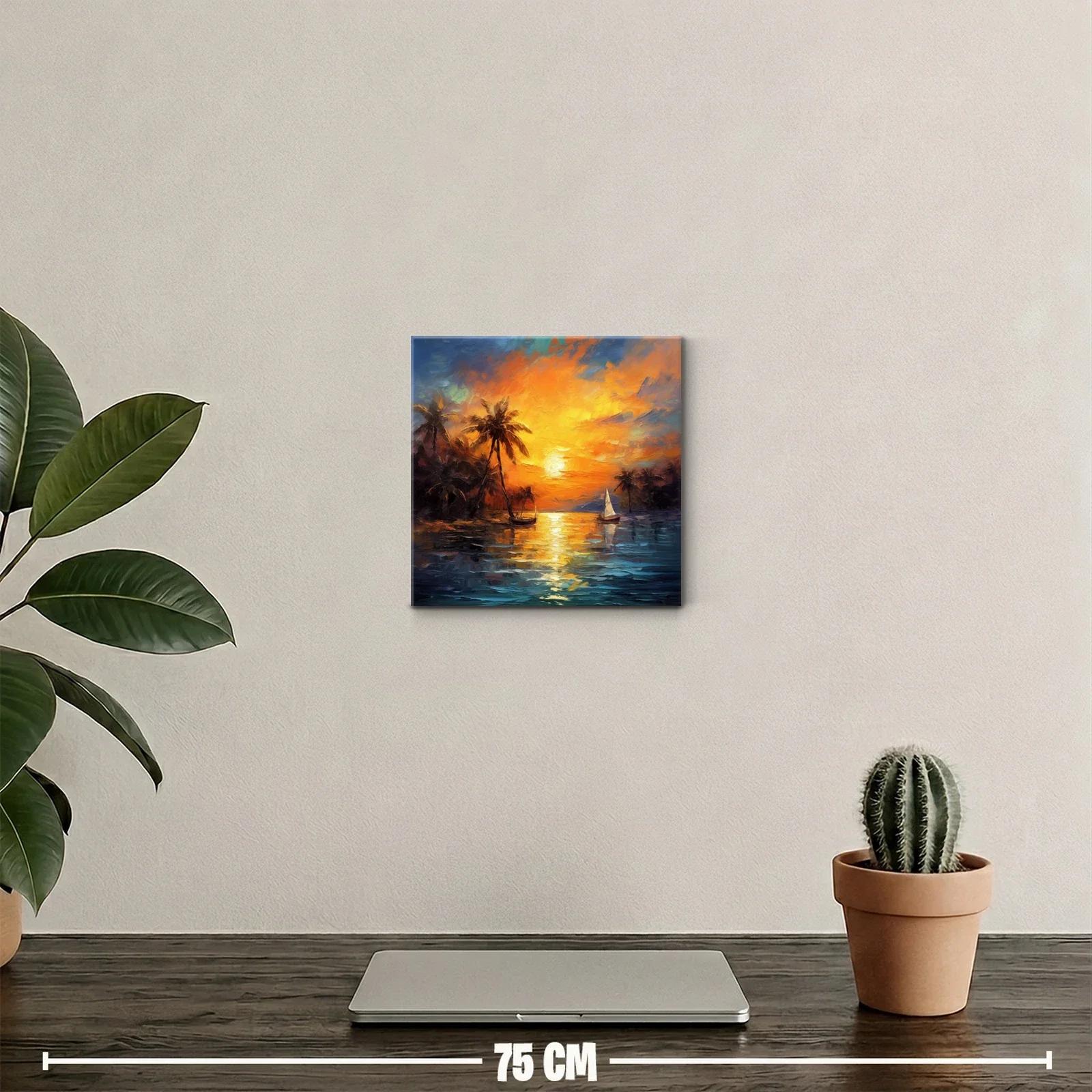 Atardecer tropical con palmeras y barco de vela sobre el mar — miniatura 2