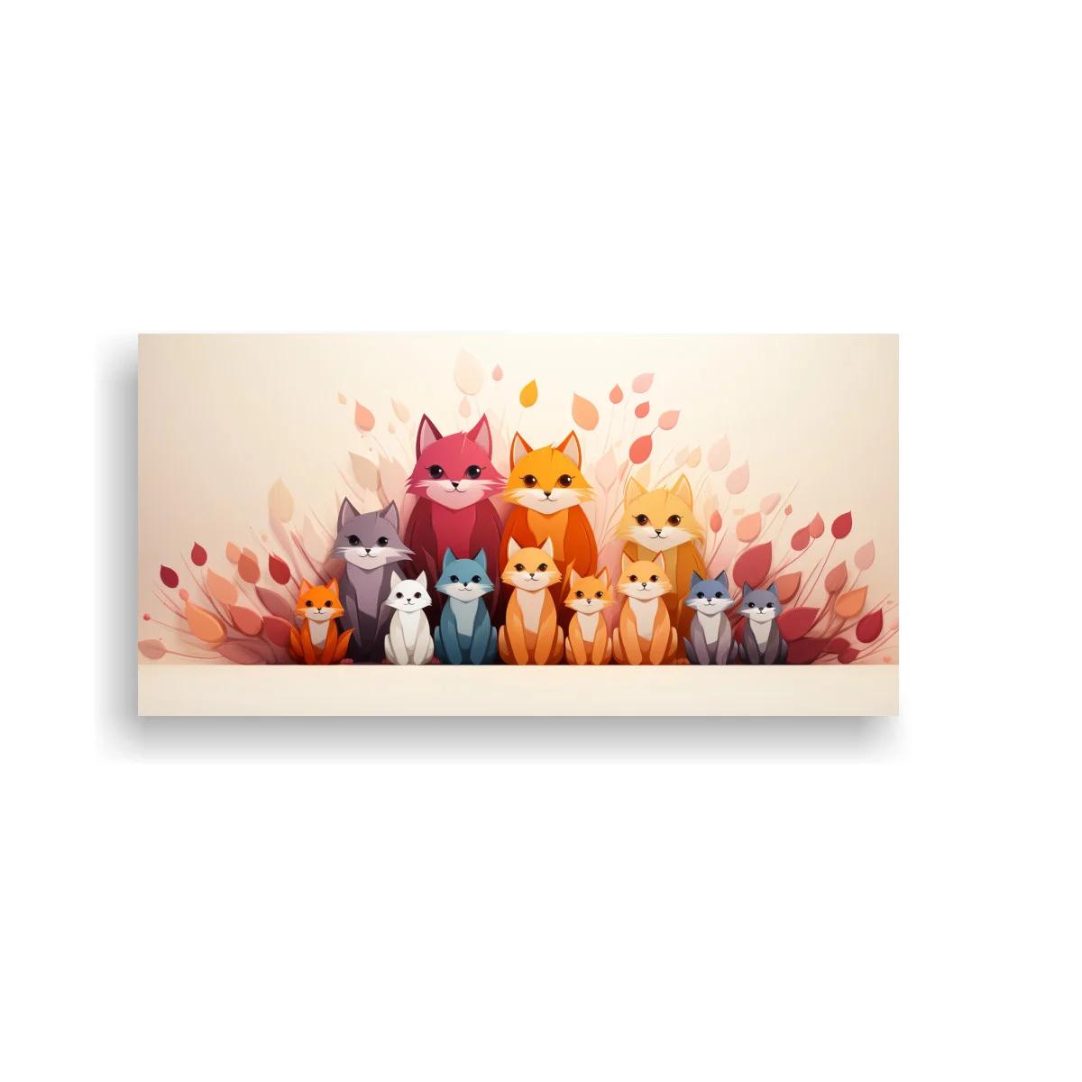 Cuadro grupo de gatos con hojas envolventes