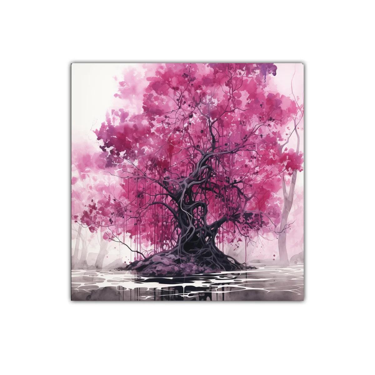 Árbol mágico con follaje en tonos rosa vibrantes