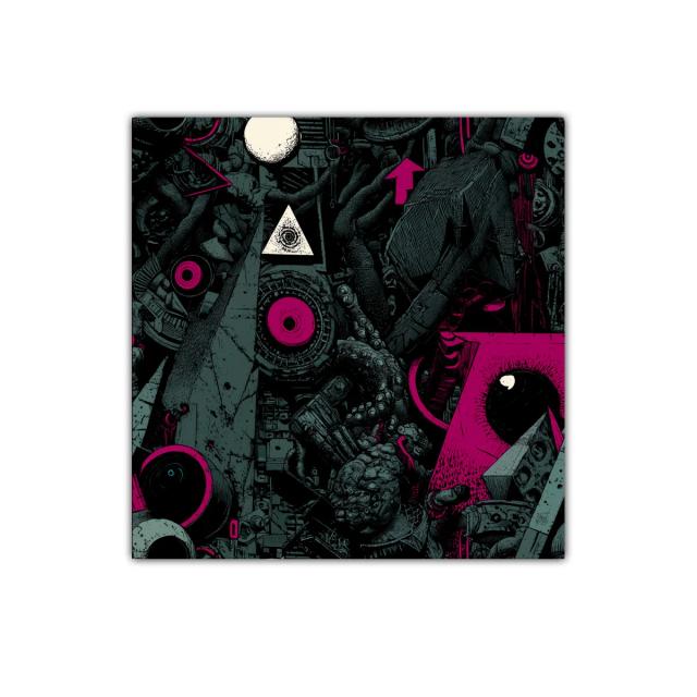 Composición abstracta con formas geométricas y detalles oscuros