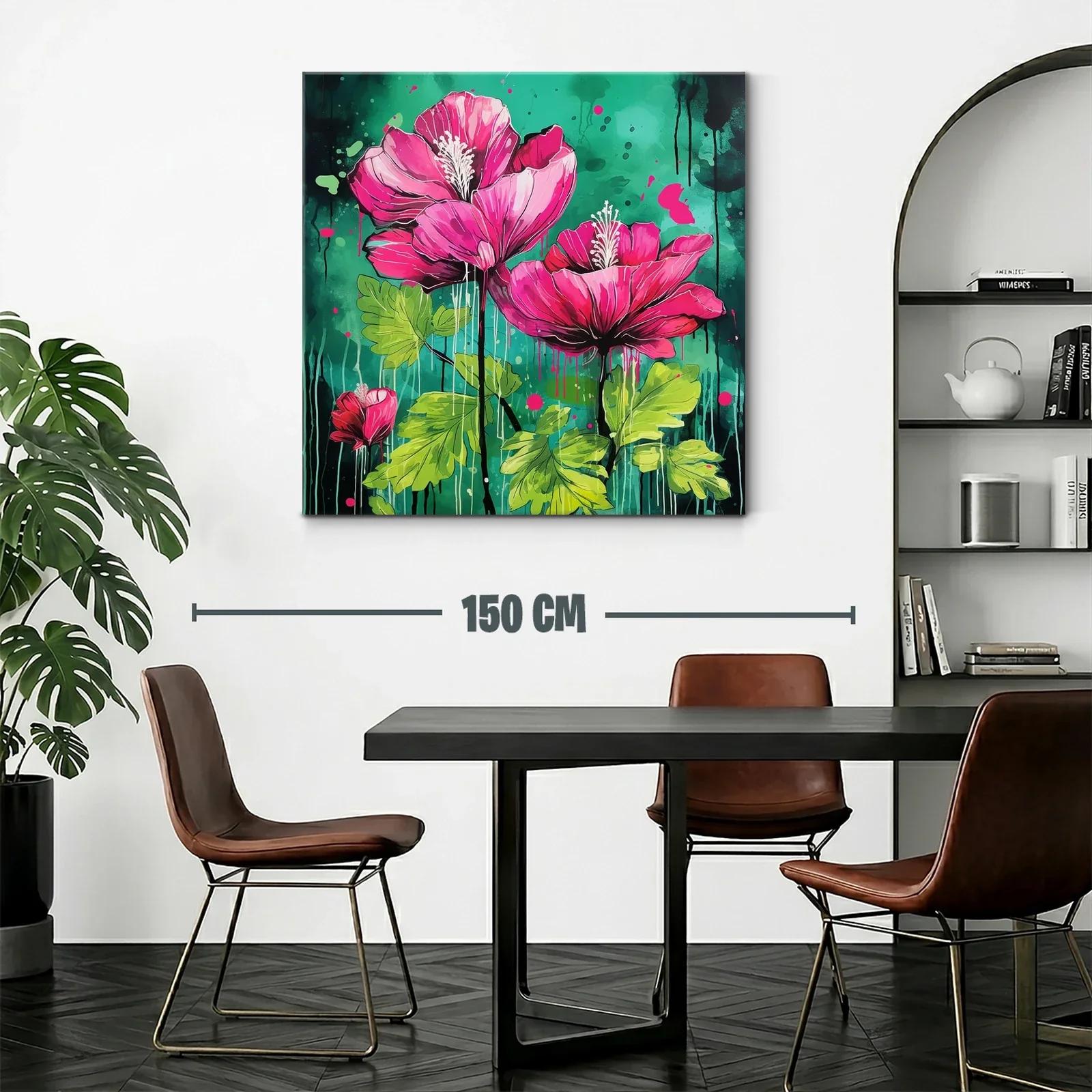 Cuadro vibrante con flores fucsias sobre fondo verde intenso — miniatura 2