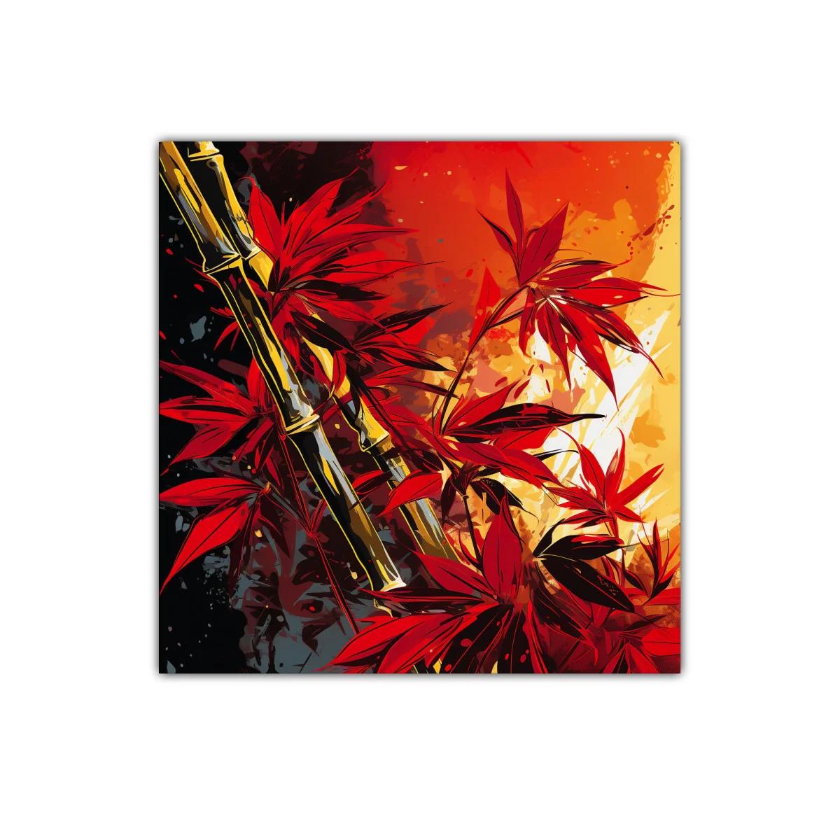 Bambú y hojas rojas en vibrante contraste cálido — imagen principal