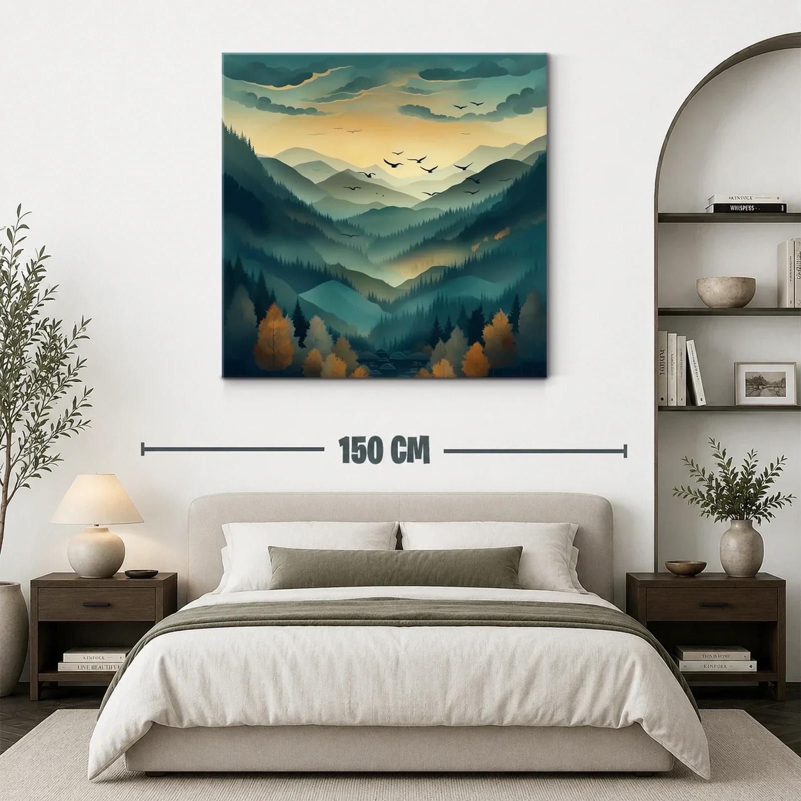 Paisaje de montañas nebulosas al amanecer con aves en vuelo — miniatura 3