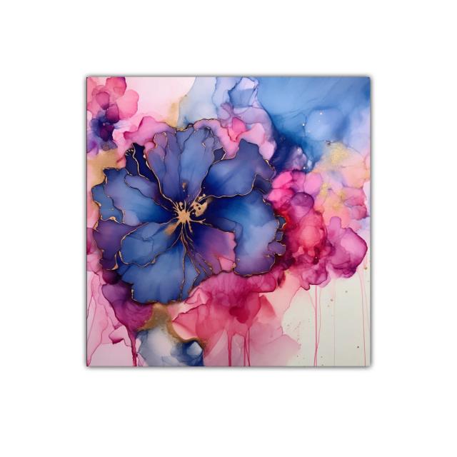 Flor abstracta en tonos azul y rosa con detalles dorados