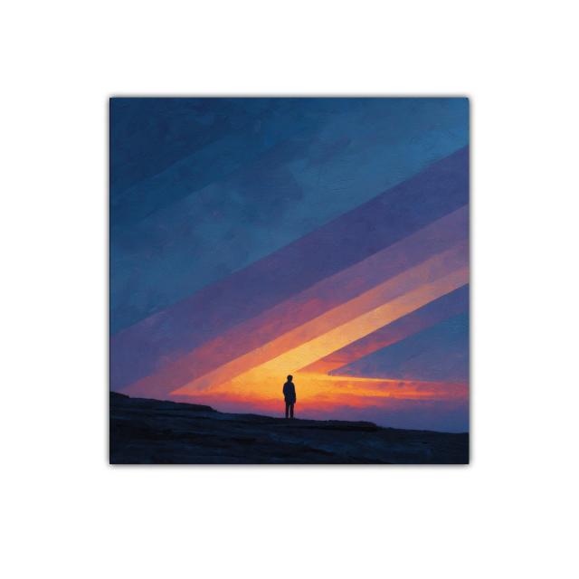 Figura solitaria ante un cielo al amanecer azul y naranja