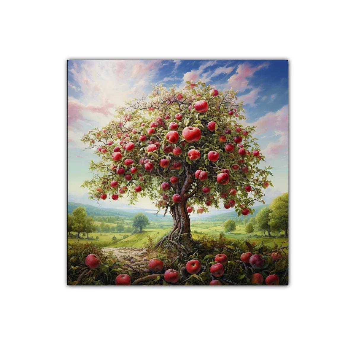 Árbol frutal cargado de manzanas en paisaje campestre