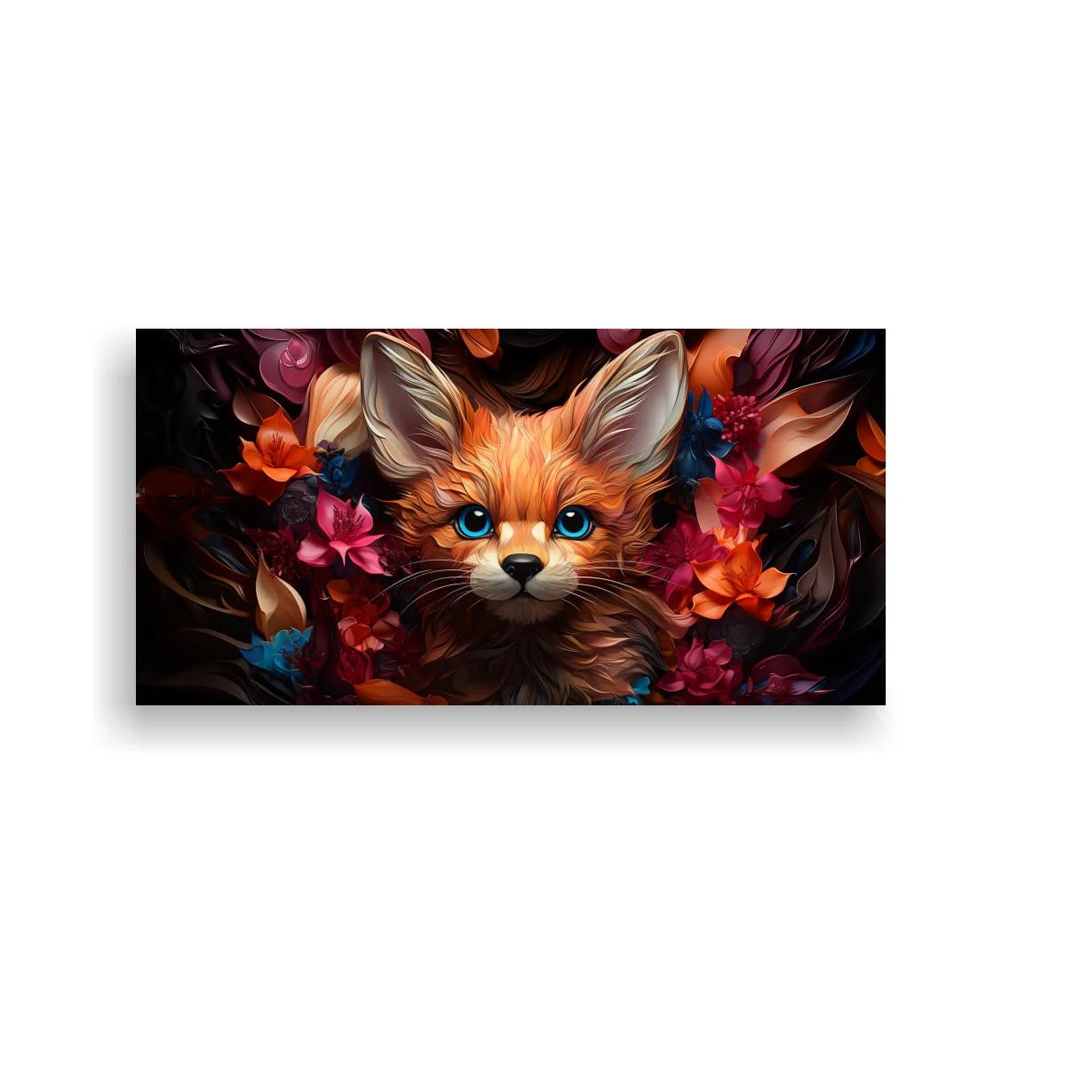 Cuadro zorro rojo con flores sobre fondo oscuro
