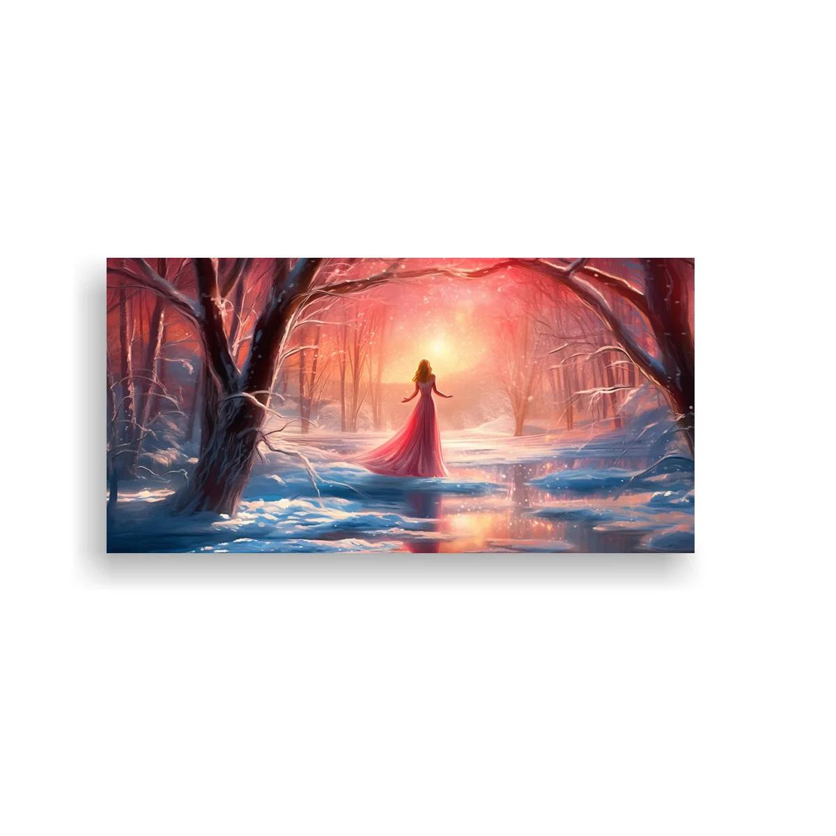 Cuadro mujer con vestido rojo en bosque nevado