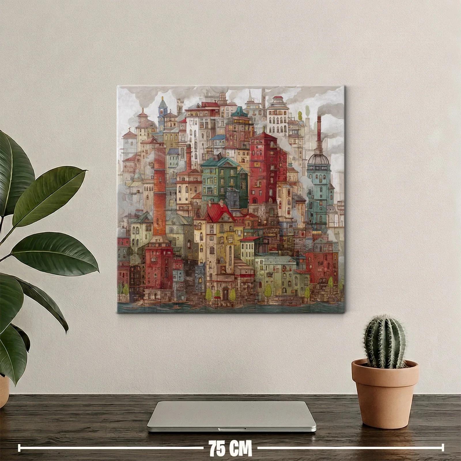 Ciudad onírica de casas densas y chimeneas humeantes — miniatura 2