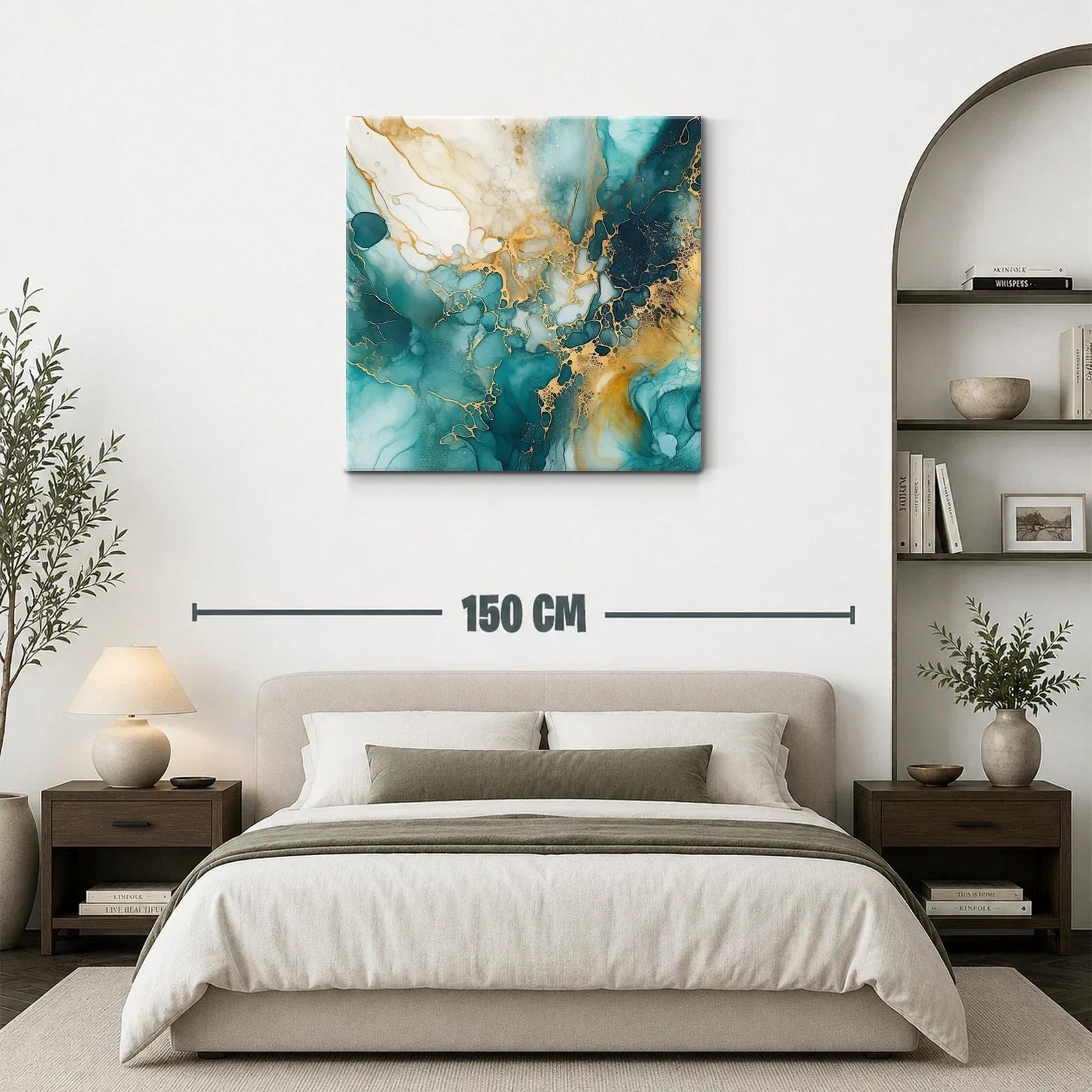 Cuadro abstracto con tonos turquesa y dorado brillante — miniatura 3