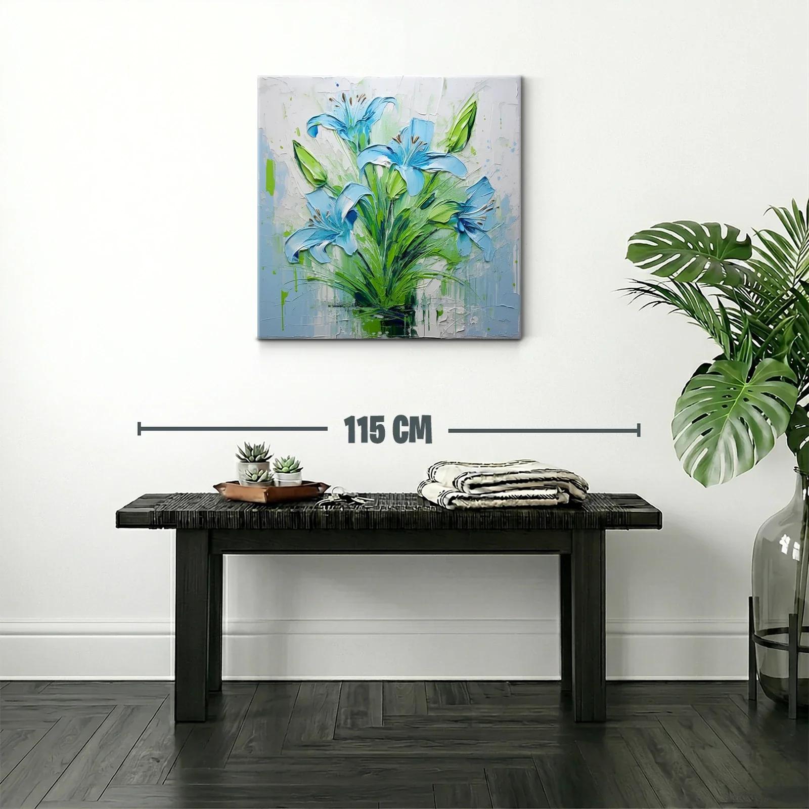 Cuadro floral intenso con lirios azules y verdes vibrantes — miniatura 2