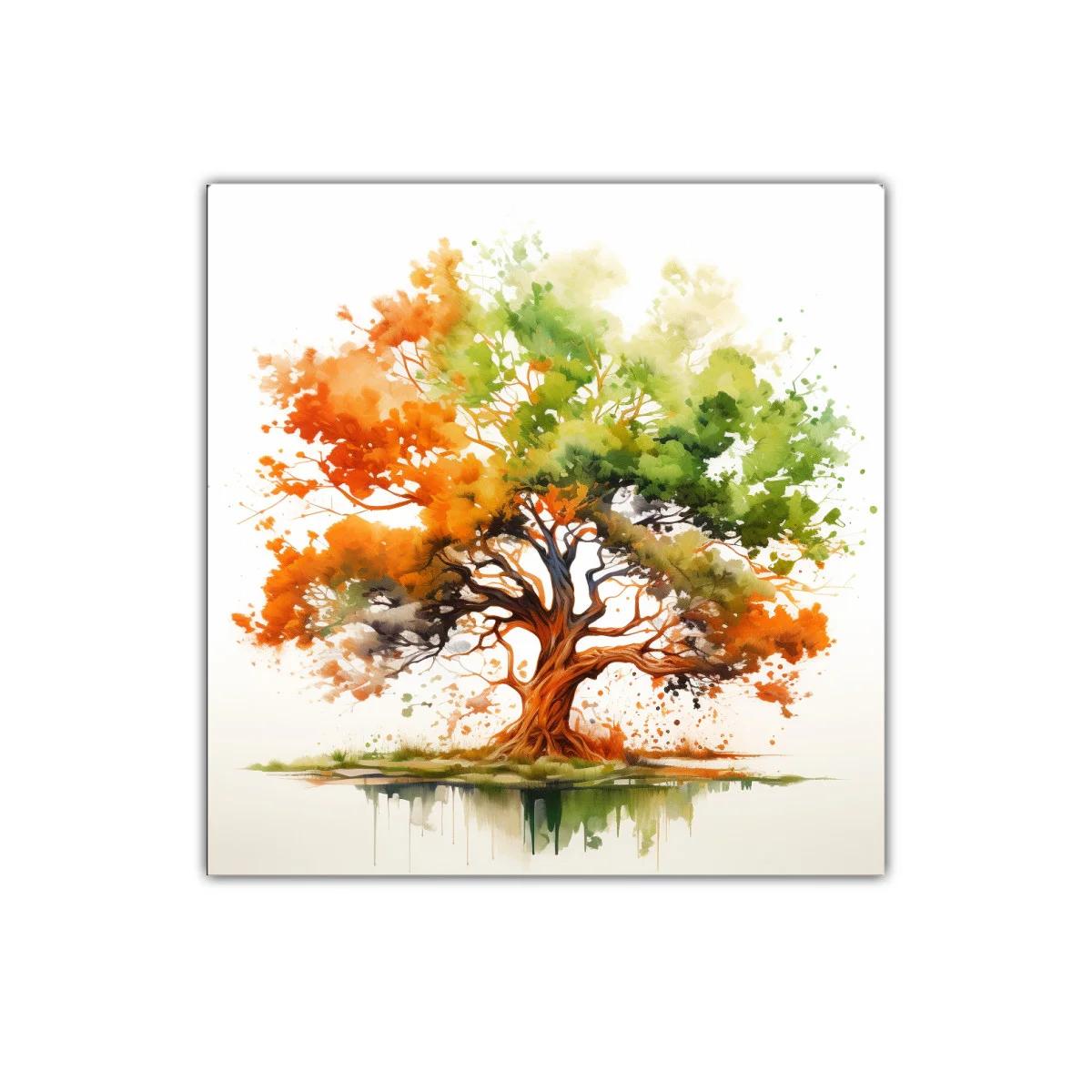 Árbol colorido con tonos otoñales y verdes vibrantes